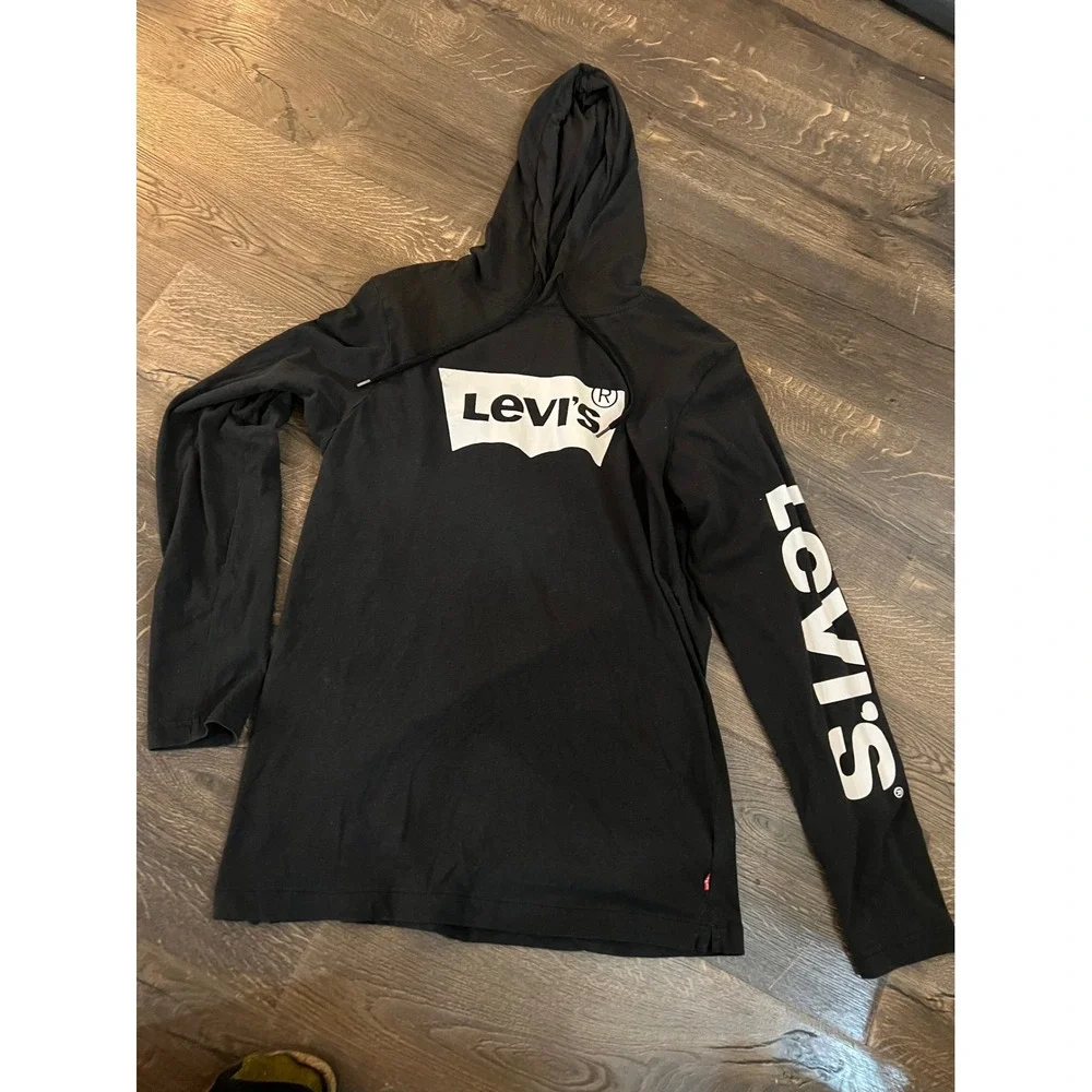 Levis Mens Long Sleeve Hooded T-Shirt Black White Batwing Logo Graphic Small